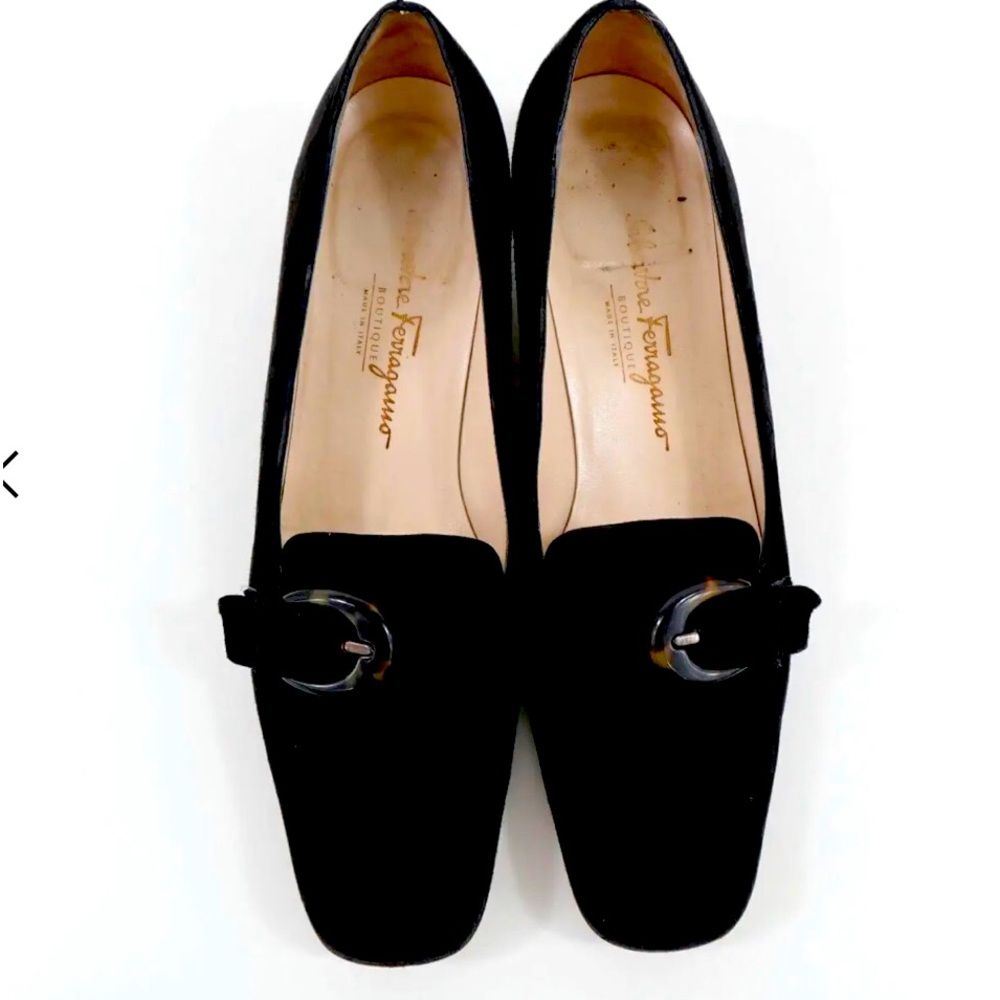 Suede tortoise buckle loafers some wear at soles. Little to no toe creasing